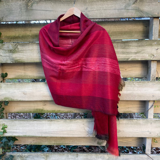 Alpaca Shawl Multicolor Cranberry red with khaki coral and brown