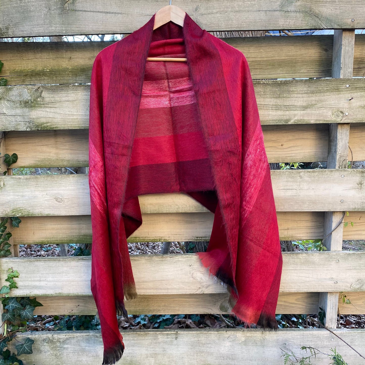 Alpaca Shawl Multicolor Cranberry red with khaki coral and brown