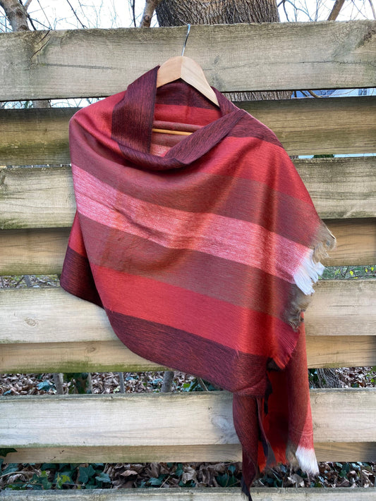 Alpaca Shawl Multicolor dark Coral shades with khaki brown and beige