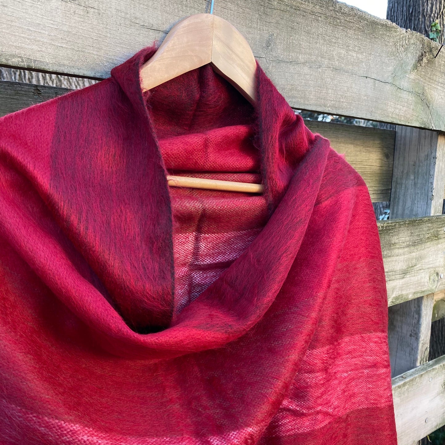 Alpaca Shawl Multicolor Cranberry red with khaki coral and brown