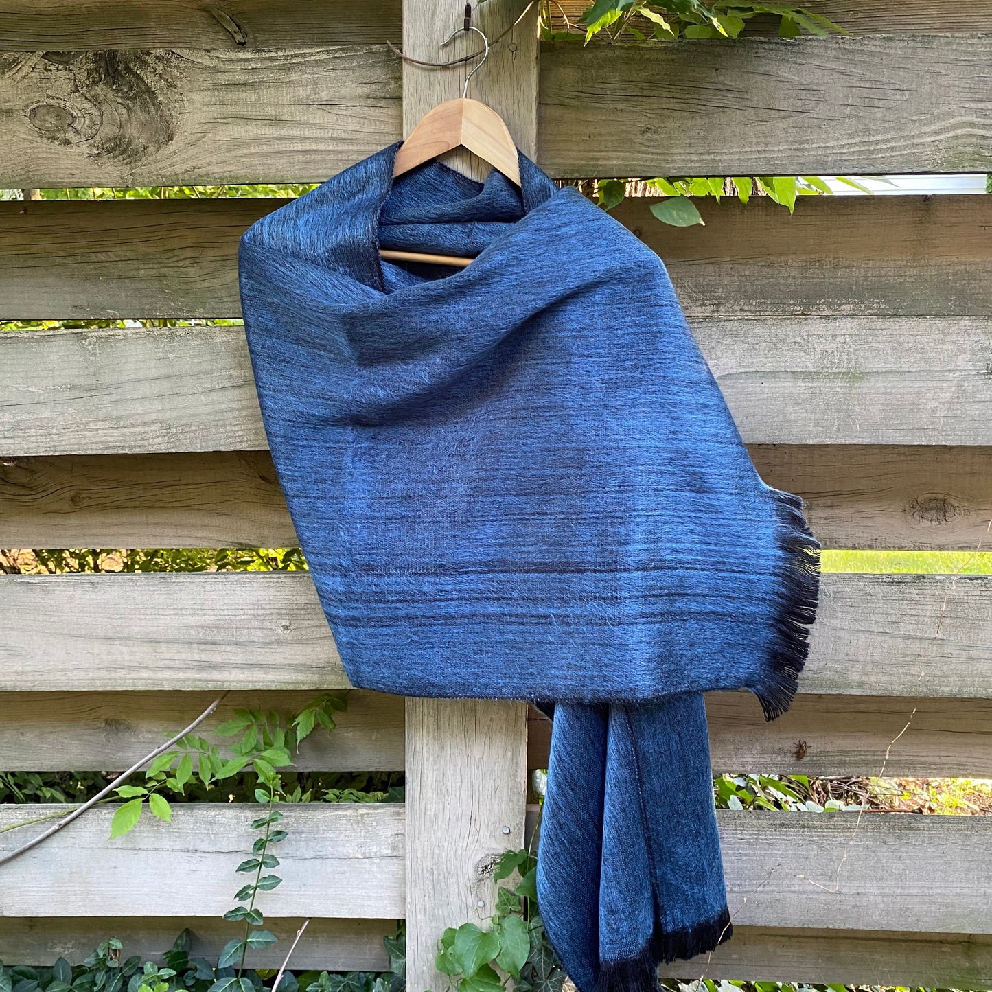 Alpaca Shawl Steel Blue | Ultra Soft Wool Wrap | Small Batch Artisan Made Large Woven Scarf or Stole With Black Fringe |  25in x 70in