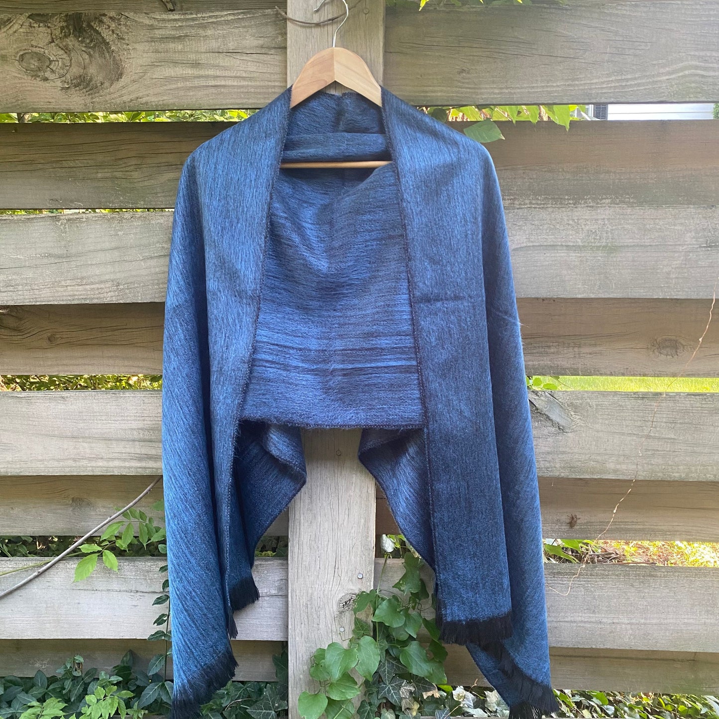 Alpaca Shawl Steel Blue | Ultra Soft Wool Wrap | Small Batch Artisan Made Large Woven Scarf or Stole With Black Fringe |  25in x 70in