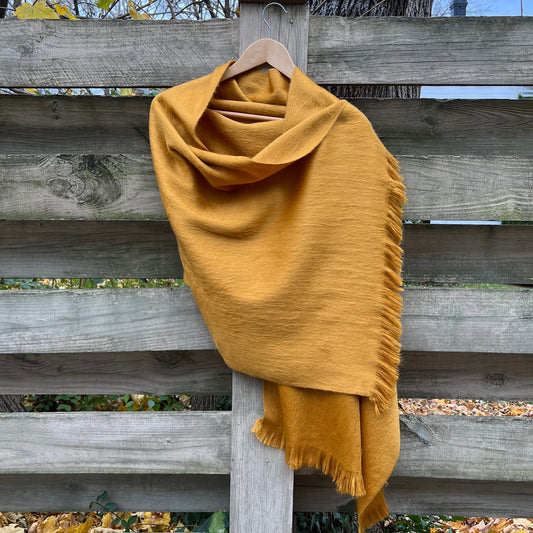 Alpaca Shawl Gold, Old Gold Mustard Yellow, Ultra Soft Wool Wrap, Small Batch Artisan Made Large Woven Scarf With Fringe | 25in x 75in