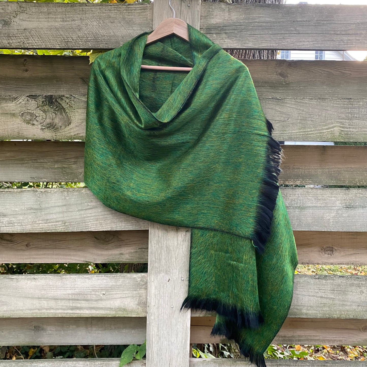 Alpaca Shawl Peridot Green Ultra Soft Wool Wrap Small Batch Artisan Made Large Woven Scarf or Stole With Black Fringe | 25in x 70in