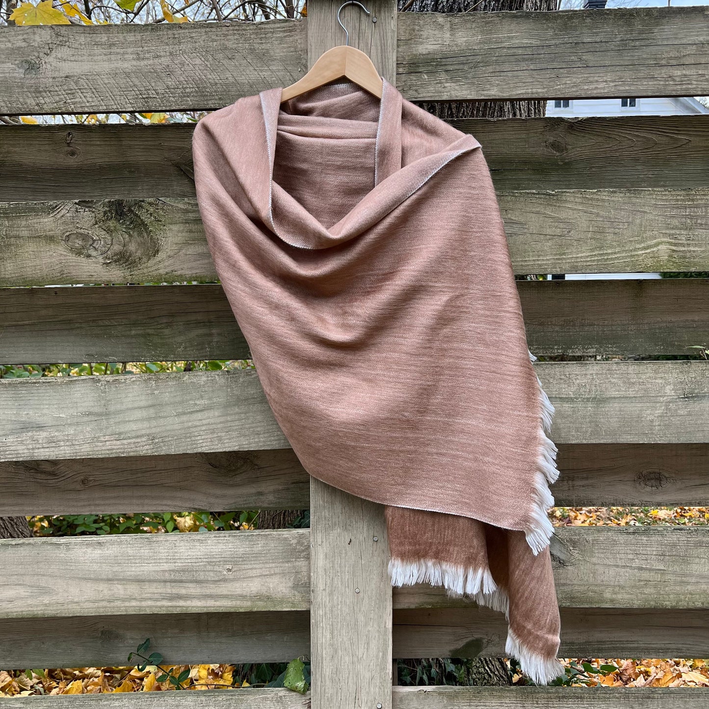 Alpaca Shawl Soft Fawn Brown | Light Mocha Wool Shawl with Soft White Fringe. 25in x 70in