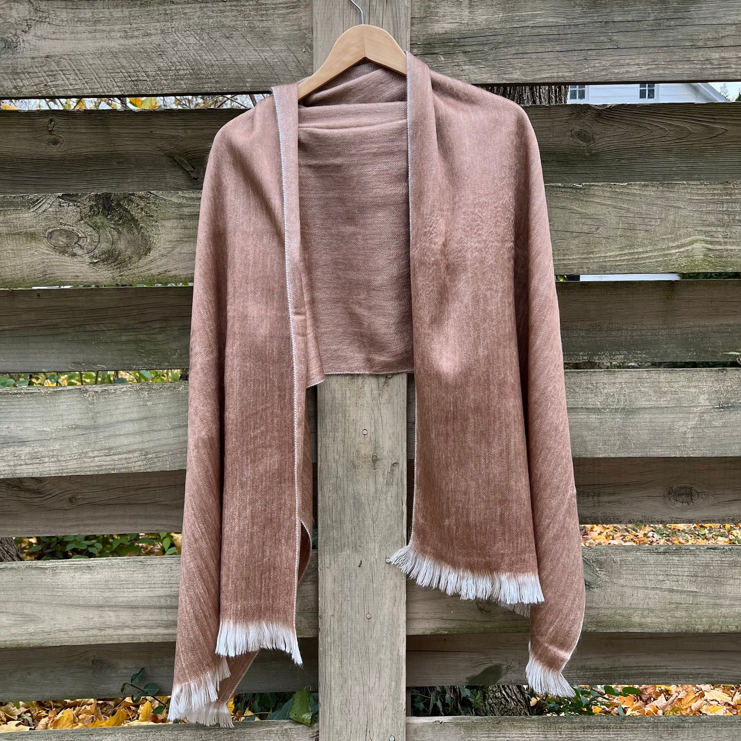 Alpaca Shawl Soft Fawn Brown | Light Mocha Wool Shawl with Soft White Fringe. 25in x 70in