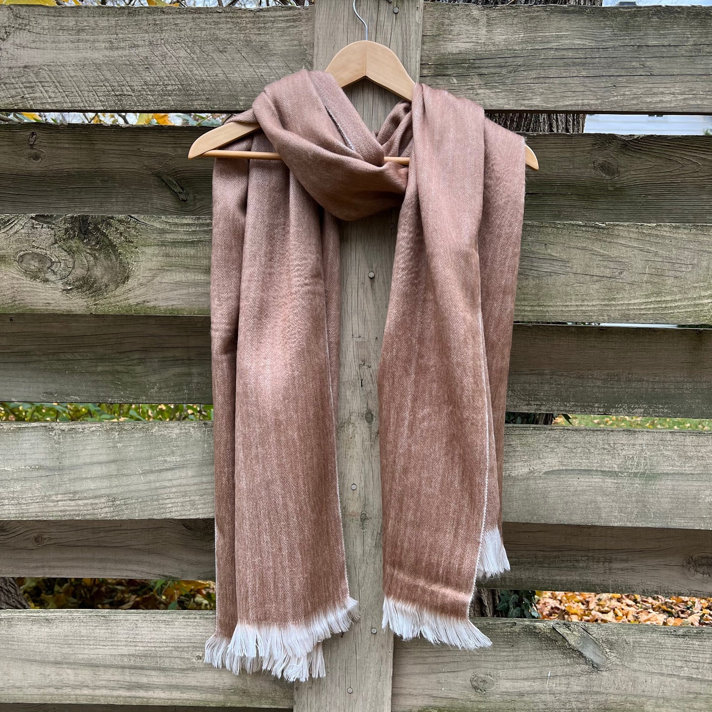 Alpaca Shawl Soft Fawn Brown | Light Mocha Wool Shawl with Soft White Fringe. 25in x 70in