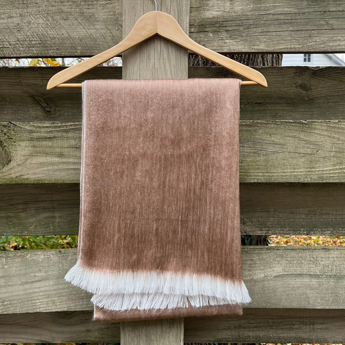 Alpaca Shawl Soft Fawn Brown | Light Mocha Wool Shawl with Soft White Fringe. 25in x 70in