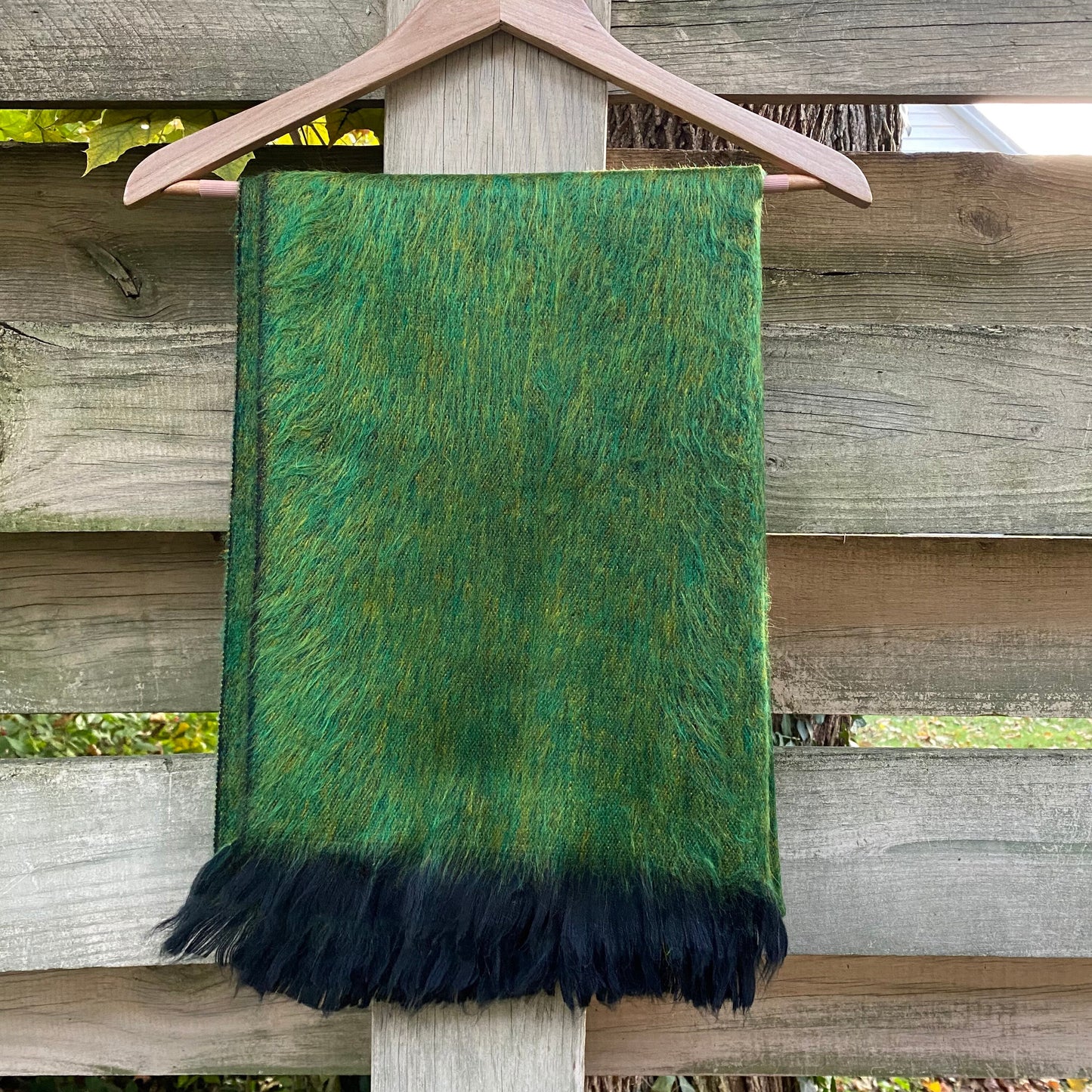 Alpaca Shawl Peridot Green Ultra Soft Wool Wrap Small Batch Artisan Made Large Woven Scarf or Stole With Black Fringe | 25in x 70in