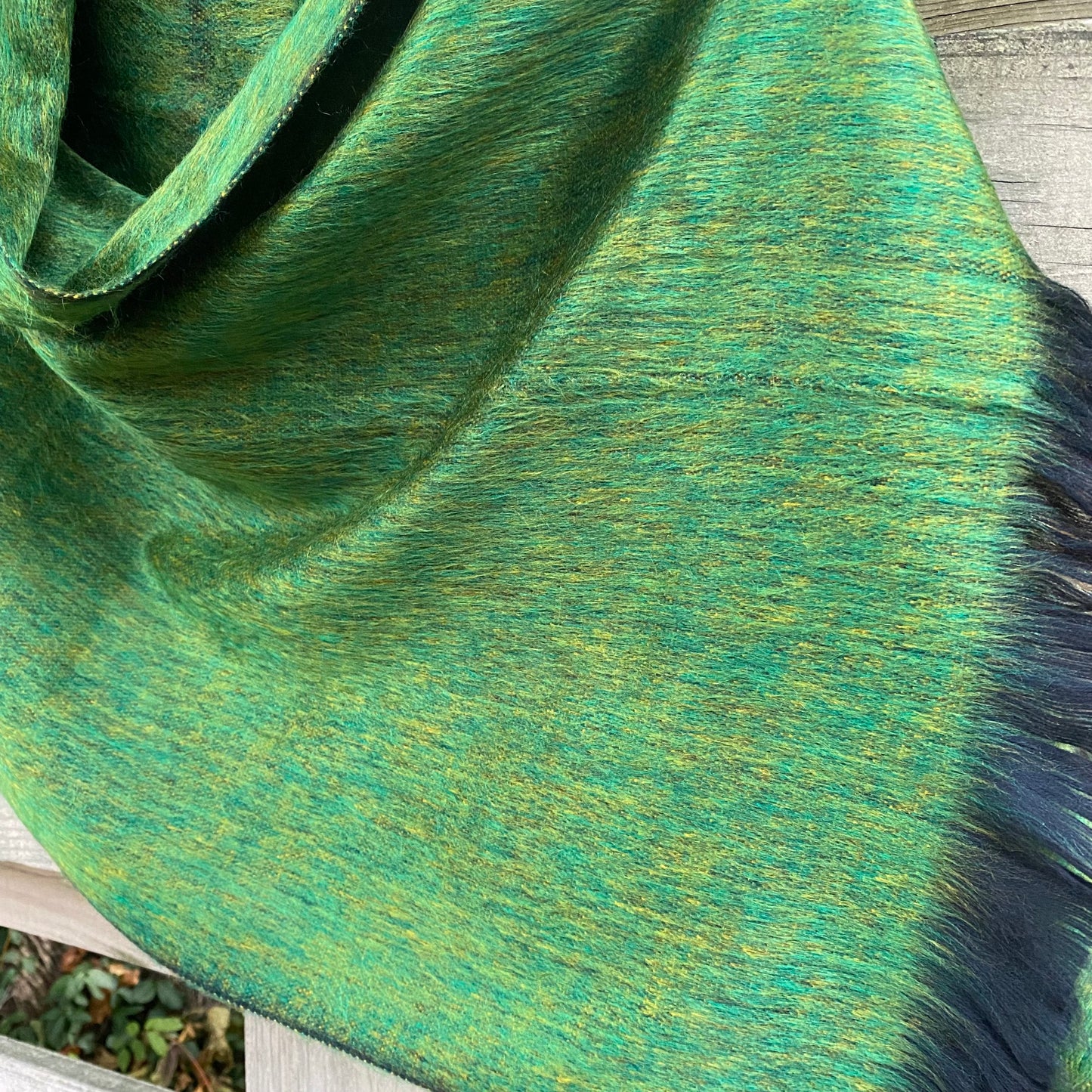 Alpaca Shawl Peridot Green Ultra Soft Wool Wrap Small Batch Artisan Made Large Woven Scarf or Stole With Black Fringe | 25in x 70in