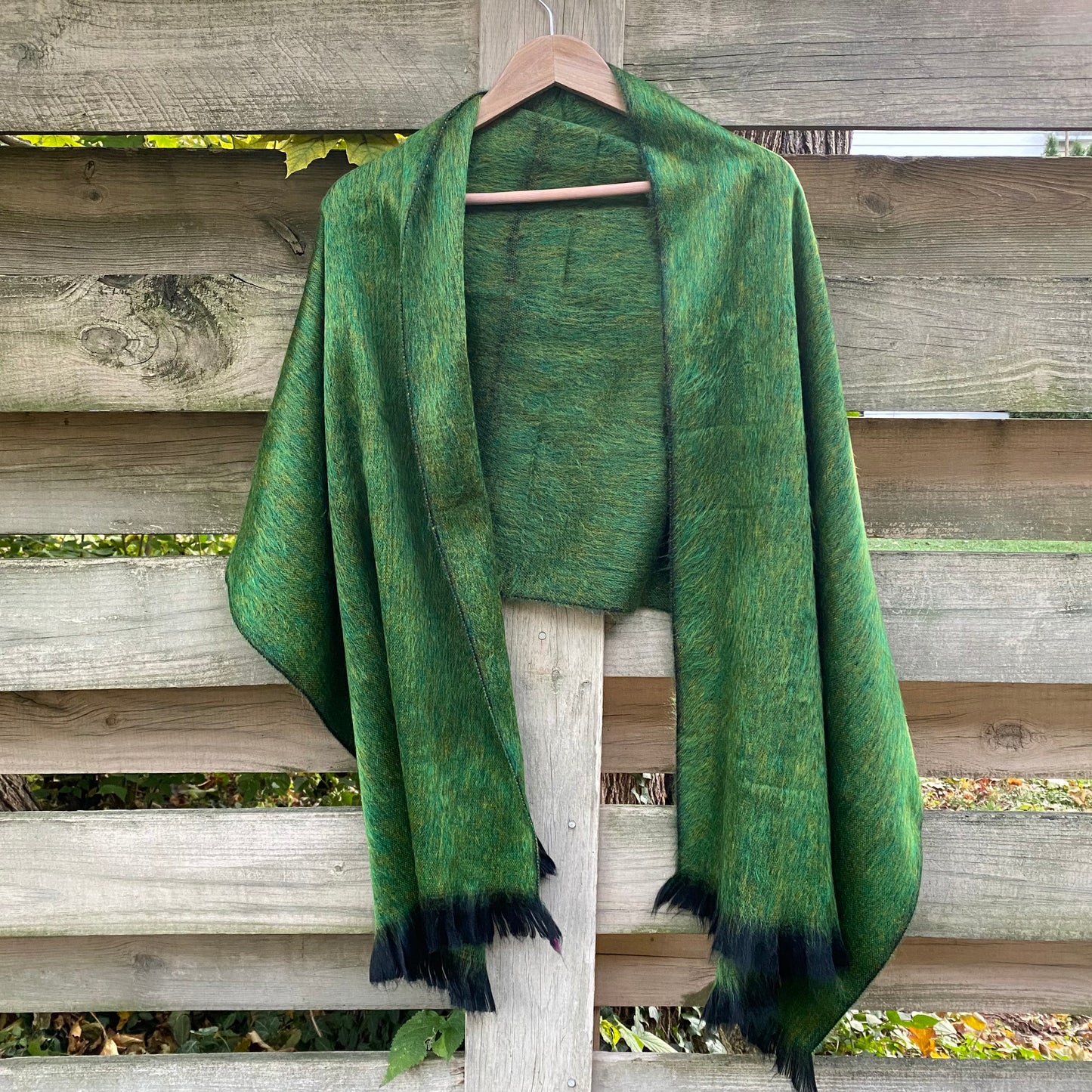 Alpaca Shawl Peridot Green Ultra Soft Wool Wrap Small Batch Artisan Made Large Woven Scarf or Stole With Black Fringe | 25in x 70in