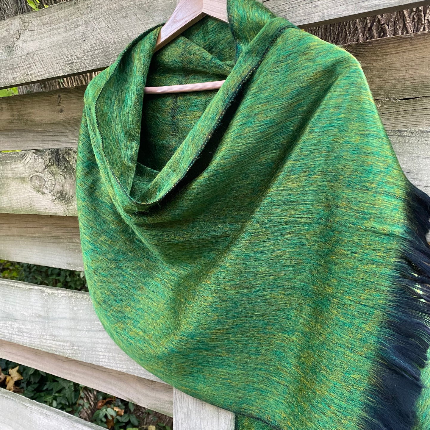 Alpaca Shawl Peridot Green Ultra Soft Wool Wrap Small Batch Artisan Made Large Woven Scarf or Stole With Black Fringe | 25in x 70in