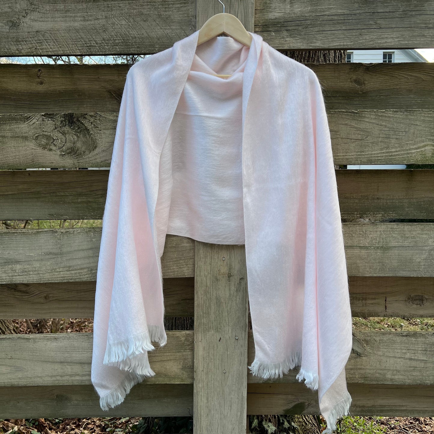 Alpaca Shawl - Soft Pink with Natural White Fringe