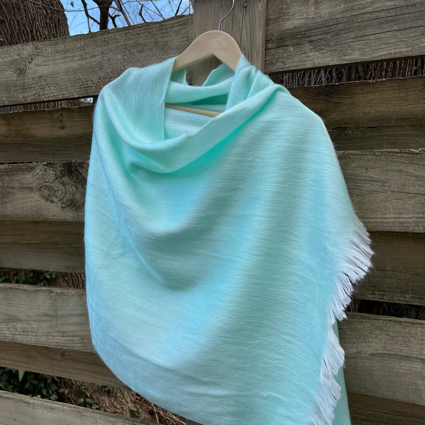 Alpaca Shawl Soft Green Seafoam | Ultra Soft Wool Wrap Small Batch Artisan Made Large Woven Scarf or Stole With Soft White Fringe |25inx70in