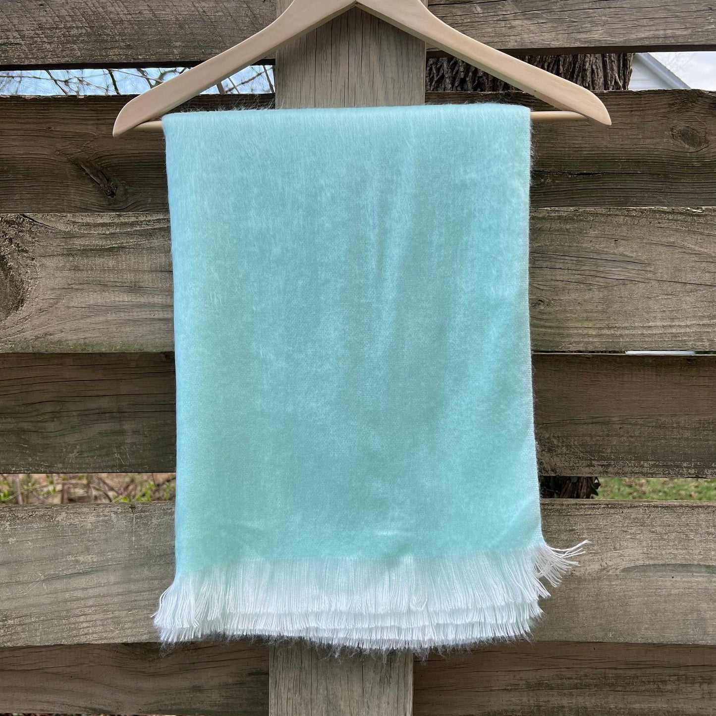 Alpaca Shawl Soft Green Seafoam | Ultra Soft Wool Wrap Small Batch Artisan Made Large Woven Scarf or Stole With Soft White Fringe |25inx70in