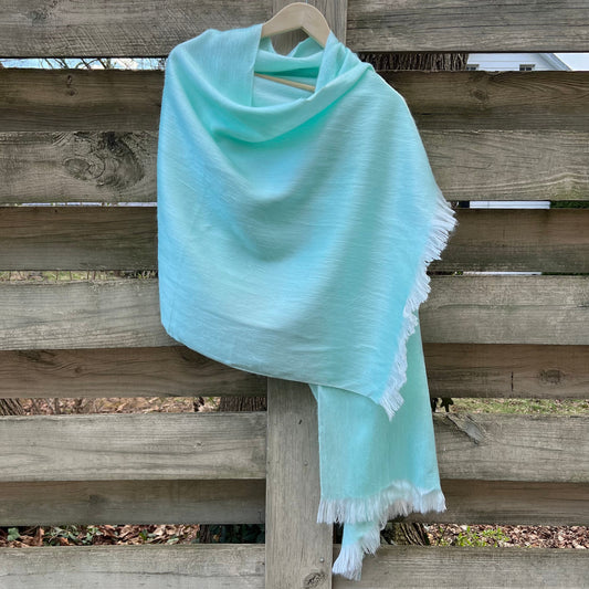 Alpaca Shawl Soft Green Seafoam | Ultra Soft Wool Wrap Small Batch Artisan Made Large Woven Scarf or Stole With Soft White Fringe |25inx70in