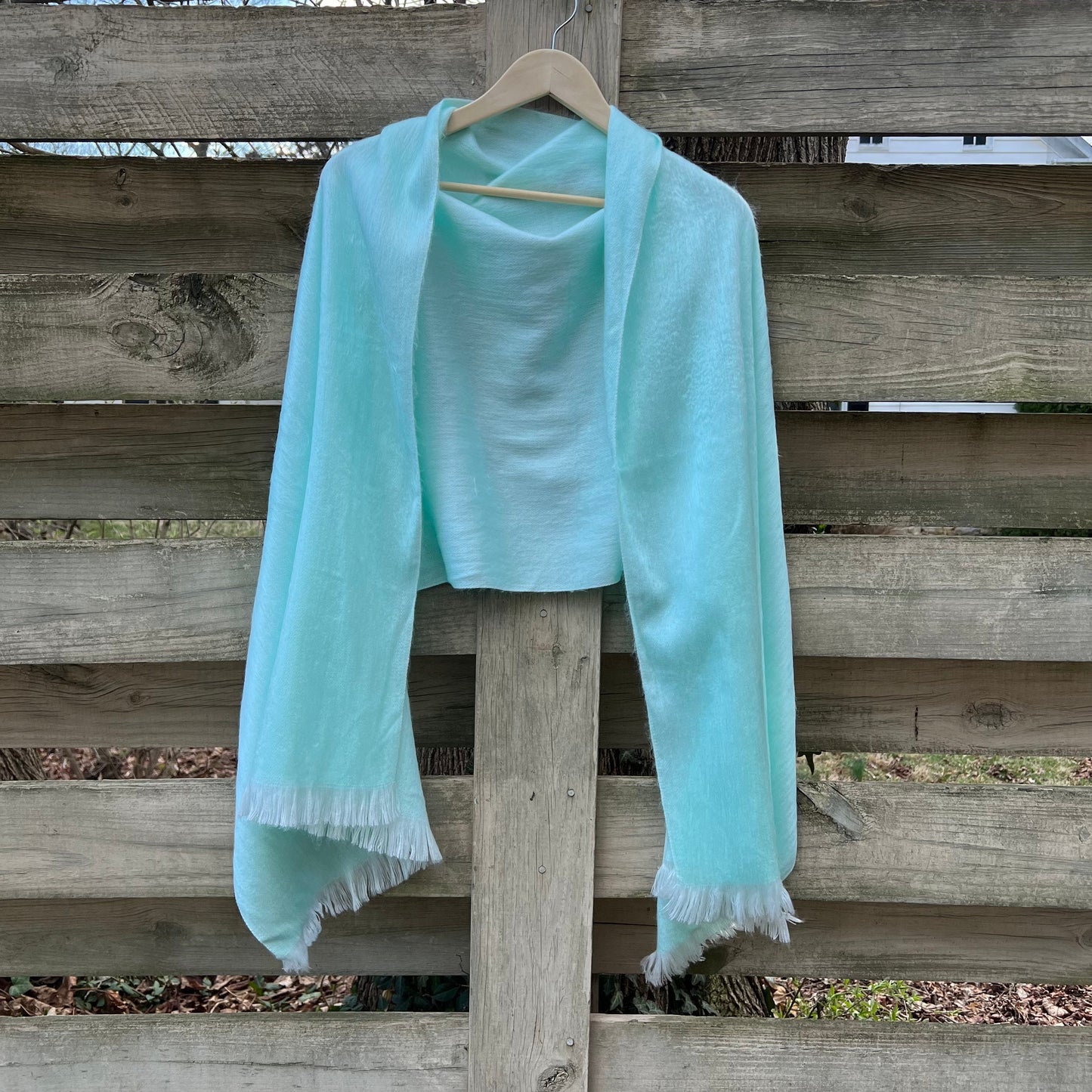 Alpaca Shawl Soft Green Seafoam | Ultra Soft Wool Wrap Small Batch Artisan Made Large Woven Scarf or Stole With Soft White Fringe |25inx70in