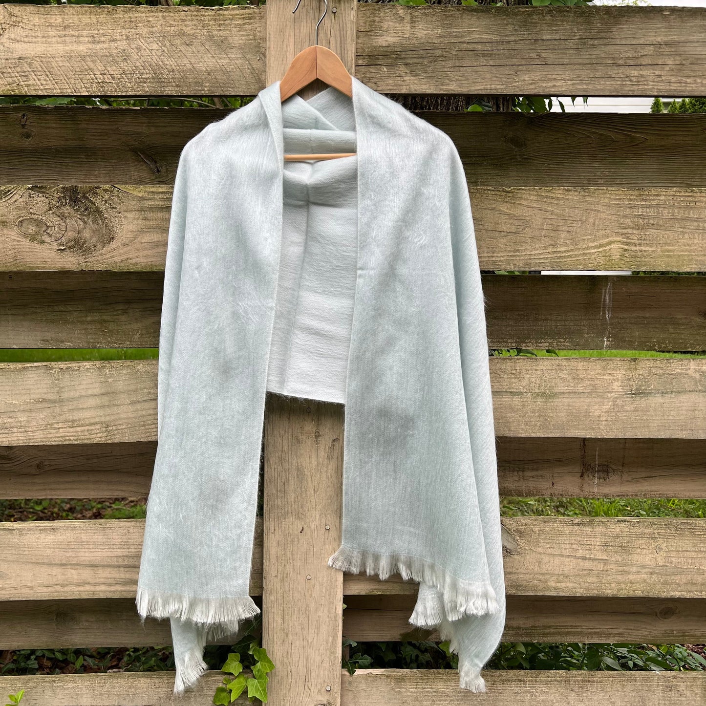 Alpaca Shawl Soft Silver Blue | Ultra Soft Wool Wrap | Small Batch Artisan Made Large Woven Scarf or Stole With White Fringe | 25in x 70in