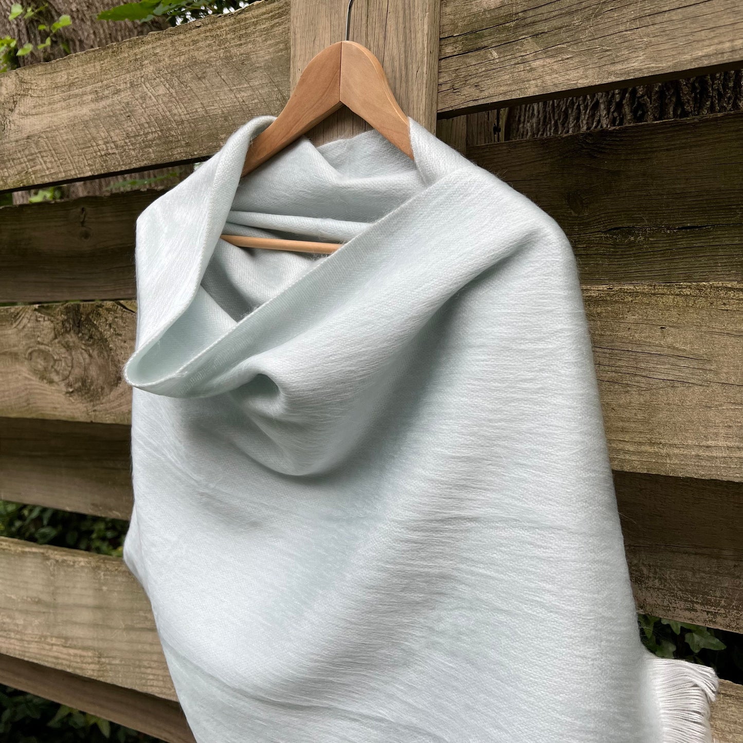 Alpaca Shawl Soft Silver Blue | Ultra Soft Wool Wrap | Small Batch Artisan Made Large Woven Scarf or Stole With White Fringe | 25in x 70in