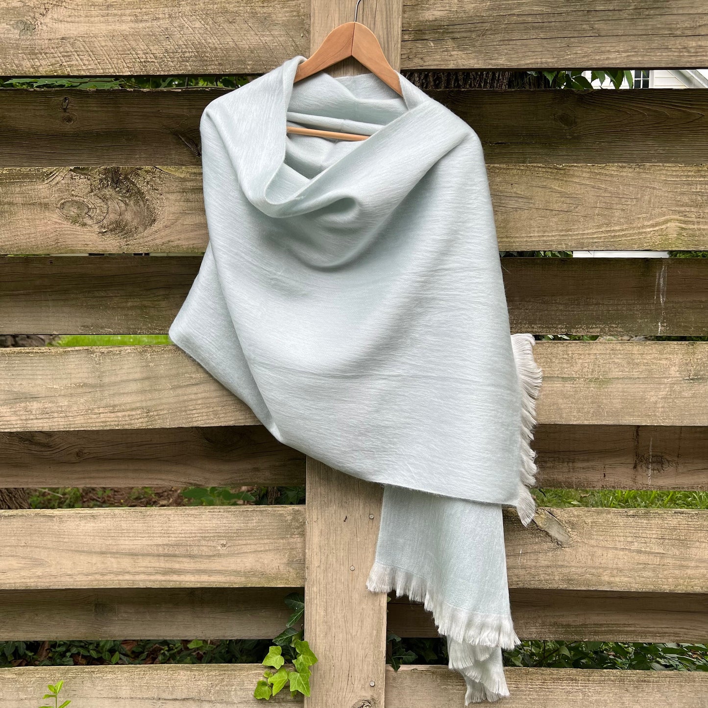 Alpaca Shawl Soft Silver Blue | Ultra Soft Wool Wrap | Small Batch Artisan Made Large Woven Scarf or Stole With White Fringe | 25in x 70in