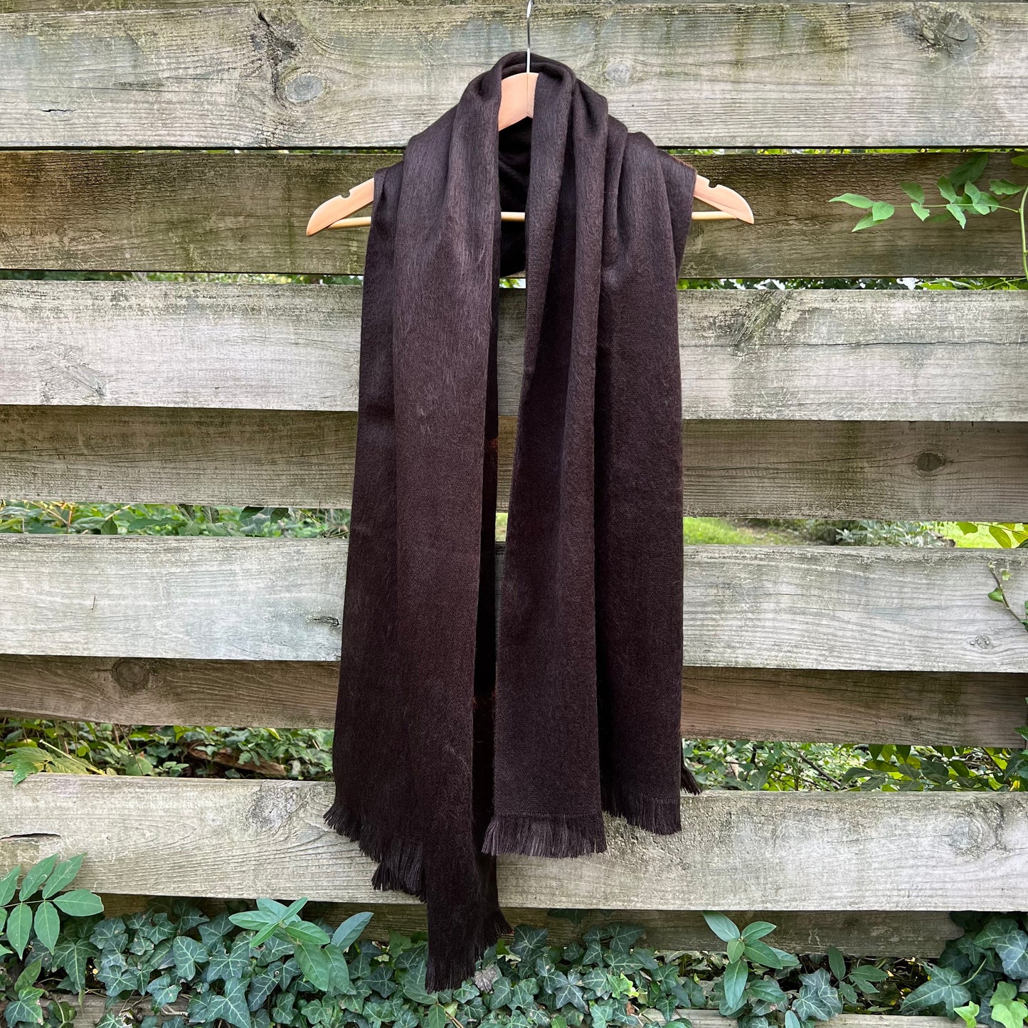 Alpaca Shawl Dark Brown Espresso, Luxurious Soft Wool Wrap, Small Batch Artisan Made Large Woven Scarf or Stole With Fringe.  25in x 70in