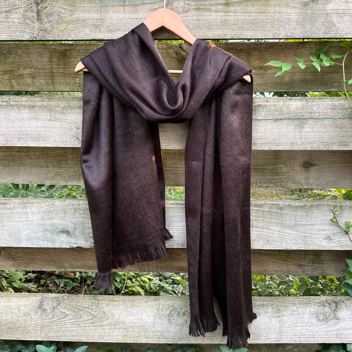 Alpaca Shawl Dark Brown Espresso, Luxurious Soft Wool Wrap, Small Batch Artisan Made Large Woven Scarf or Stole With Fringe.  25in x 70in