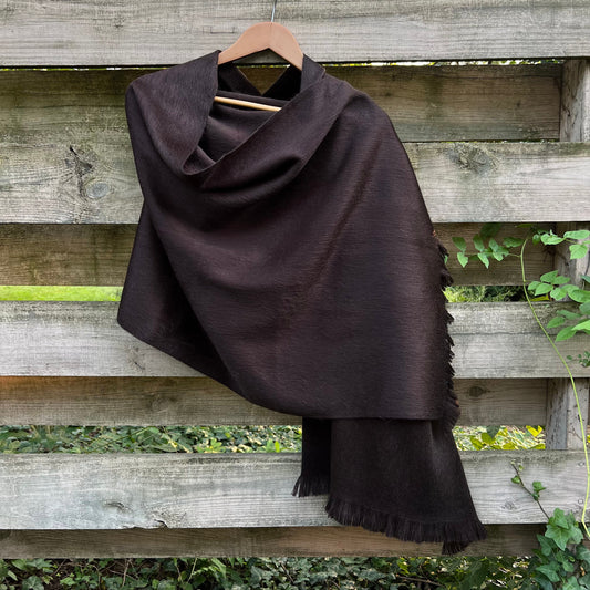 Alpaca Shawl Dark Brown Espresso, Luxurious Soft Wool Wrap, Small Batch Artisan Made Large Woven Scarf or Stole With Fringe.  25in x 70in