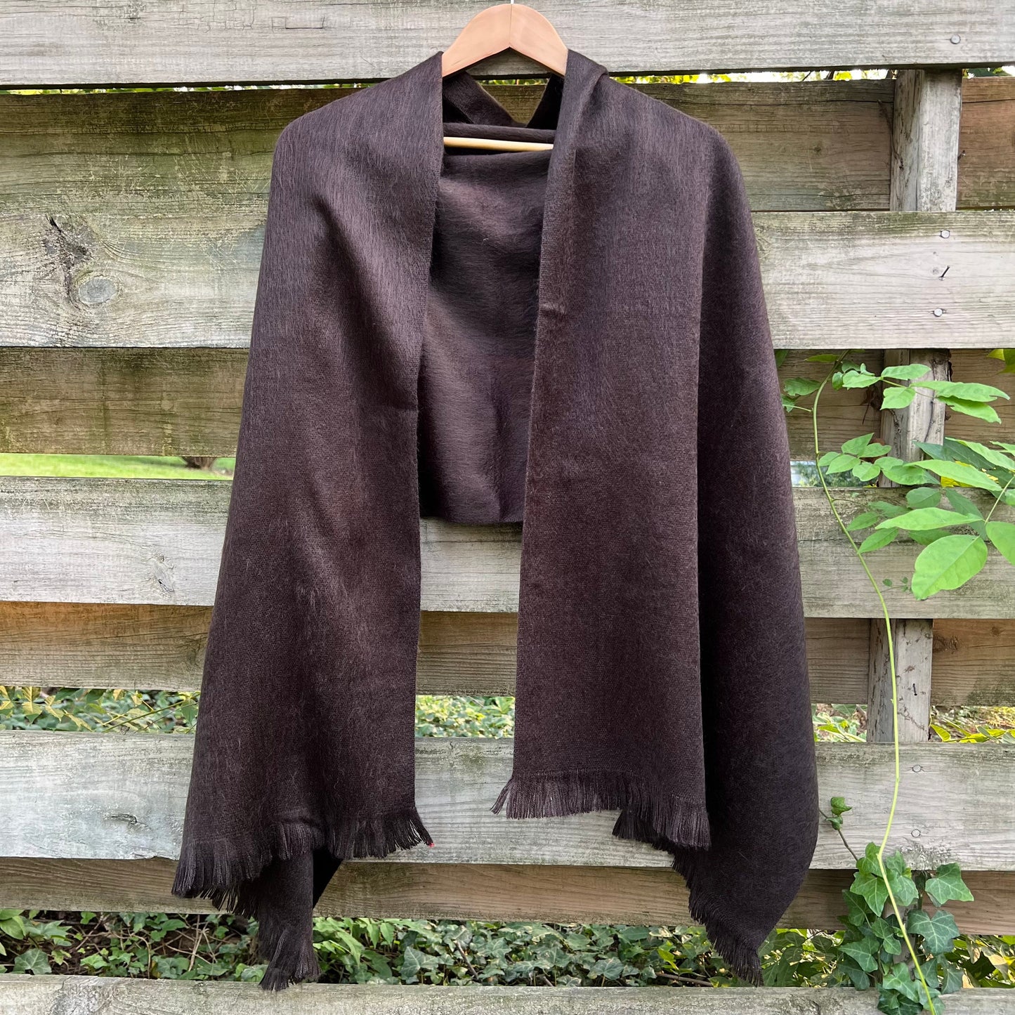 Alpaca Shawl Dark Brown Espresso, Luxurious Soft Wool Wrap, Small Batch Artisan Made Large Woven Scarf or Stole With Fringe.  25in x 70in