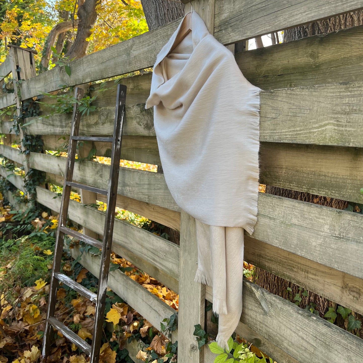 Alpaca Wool Shawl Almond Beige | Ultra Soft Wrap | Small Batch Artisan Made Large Woven Scarf or Stole With Fringe. 25in x 70in