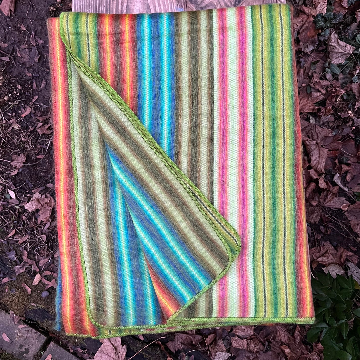 Alpaca Throw Blanket Green with Multicolor Stripes | Children’s blanket | Fits a Twin Bed | 66in x 90in