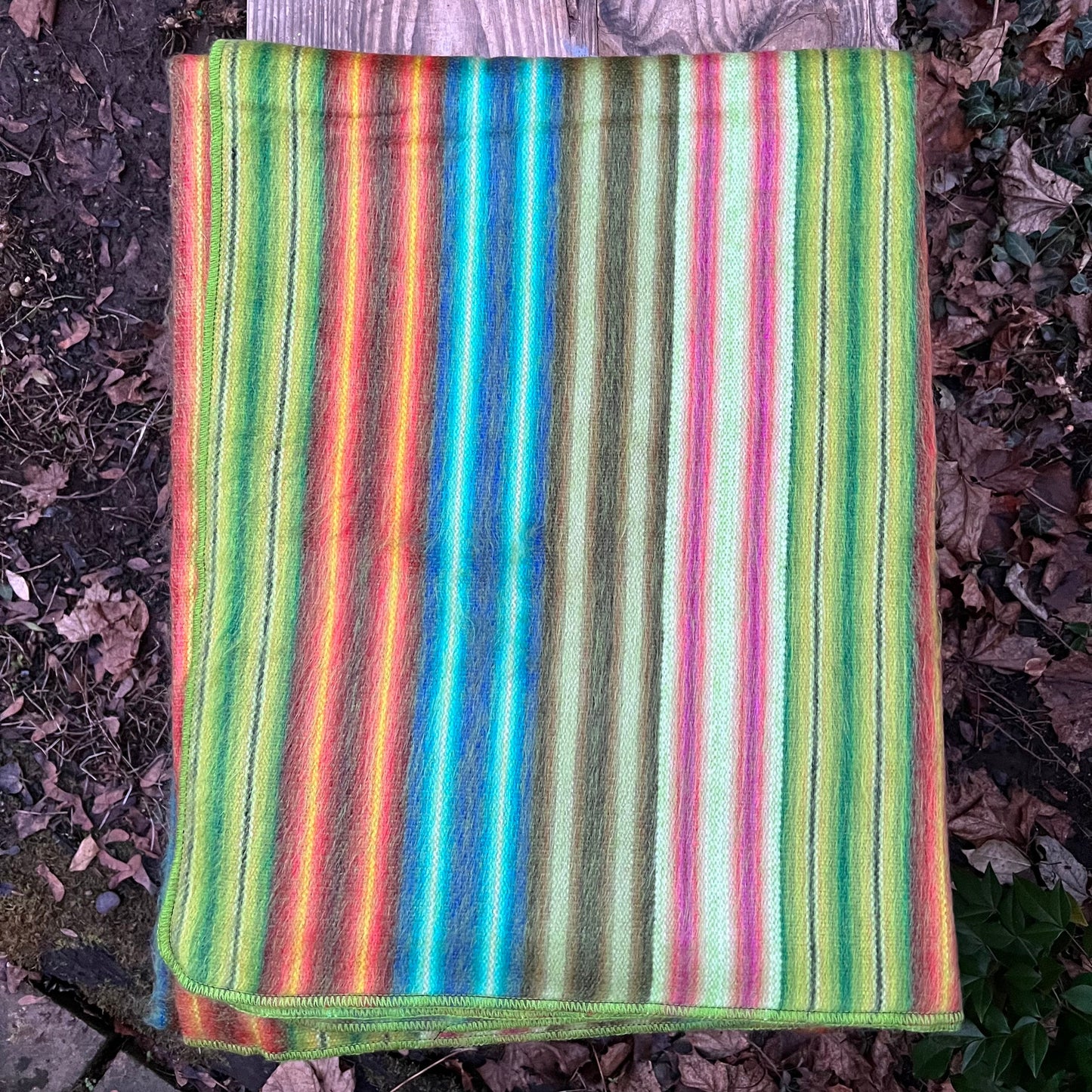 Alpaca Throw Blanket Green with Multicolor Stripes | Children’s blanket | Fits a Twin Bed | 66in x 90in