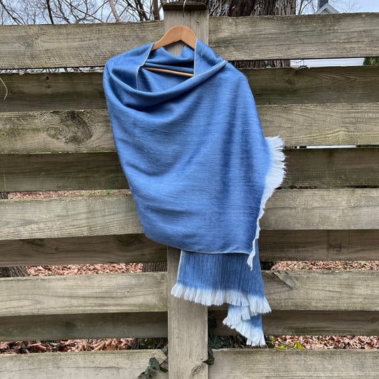 Alpaca Shawl Denim Stone Blue | Ultra Soft Wool Wrap |Small Batch Artisan Made Large Woven Scarf or Stole With Soft White Fringe |25inx70in