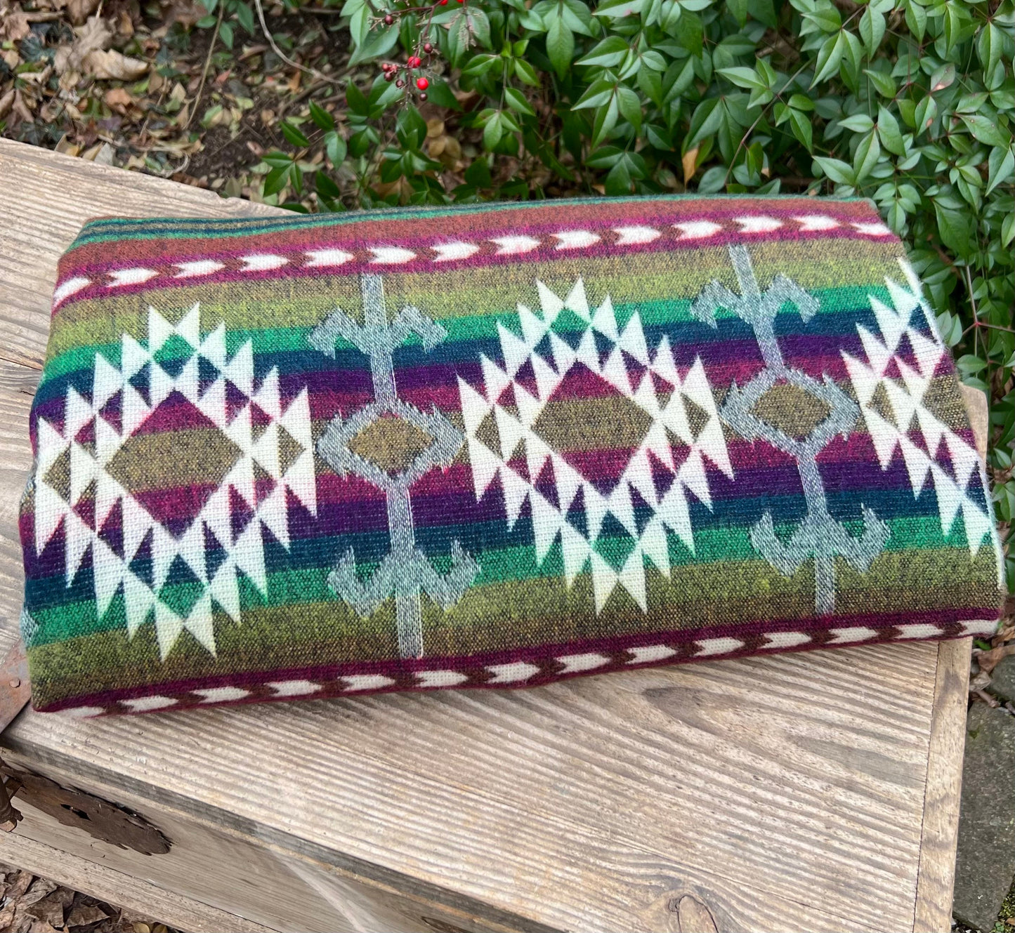 Alpaca Wool Blanket  geometrics Queen size - multicolor Unique gift - mix of greens purples and browns