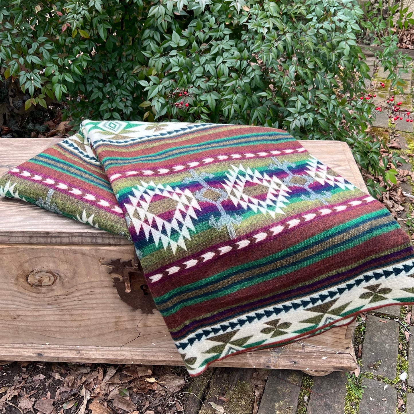 Alpaca Wool Blanket  geometrics Queen size - multicolor Unique gift - mix of greens purples and browns