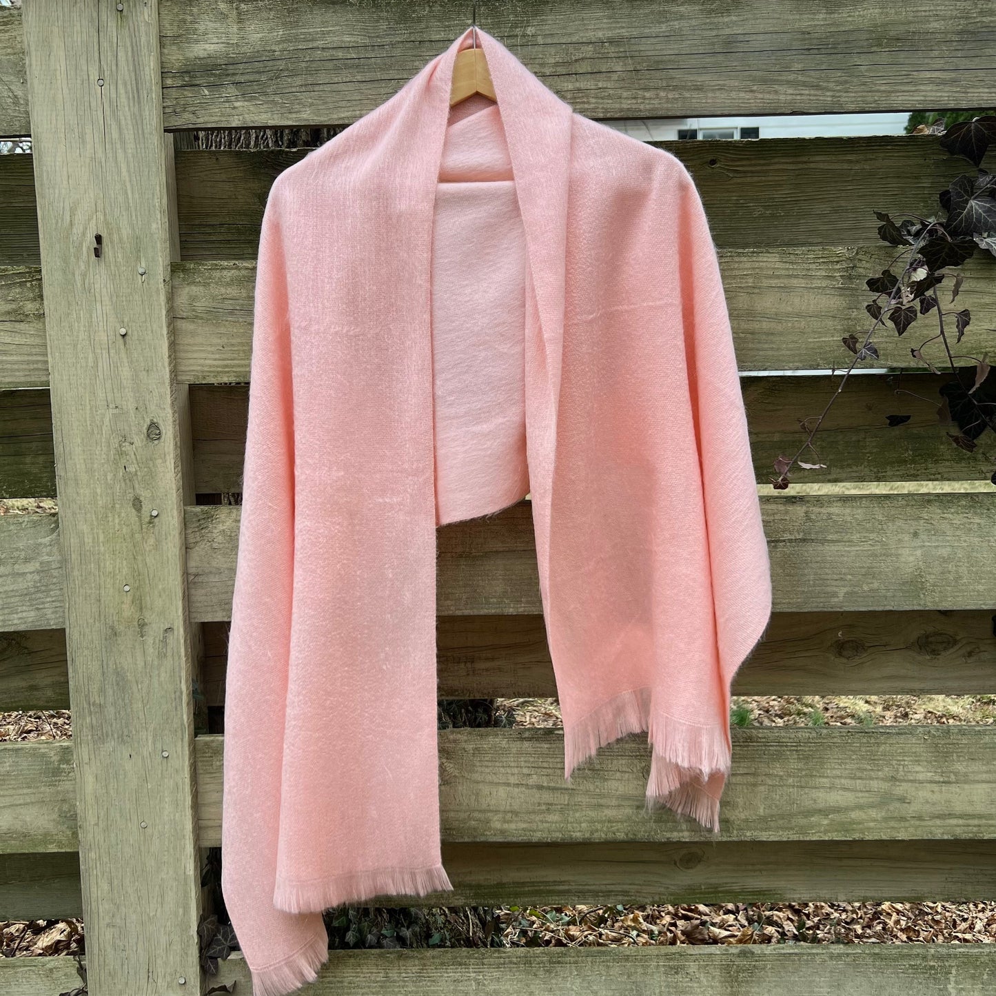 Alpaca Wool Shawl Shell Pink | Ultra Soft Wrap | Small Batch Artisan Made Large Woven Scarf or Stole With Fringe. 70in x 25in