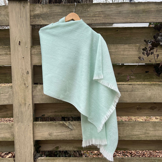 Alpaca Shawl Lichen Green | Mint Green Ultra Soft Wrap Small Batch Artisan Made Large Woven Scarf or Stole With Soft White Fringe|25inx70in