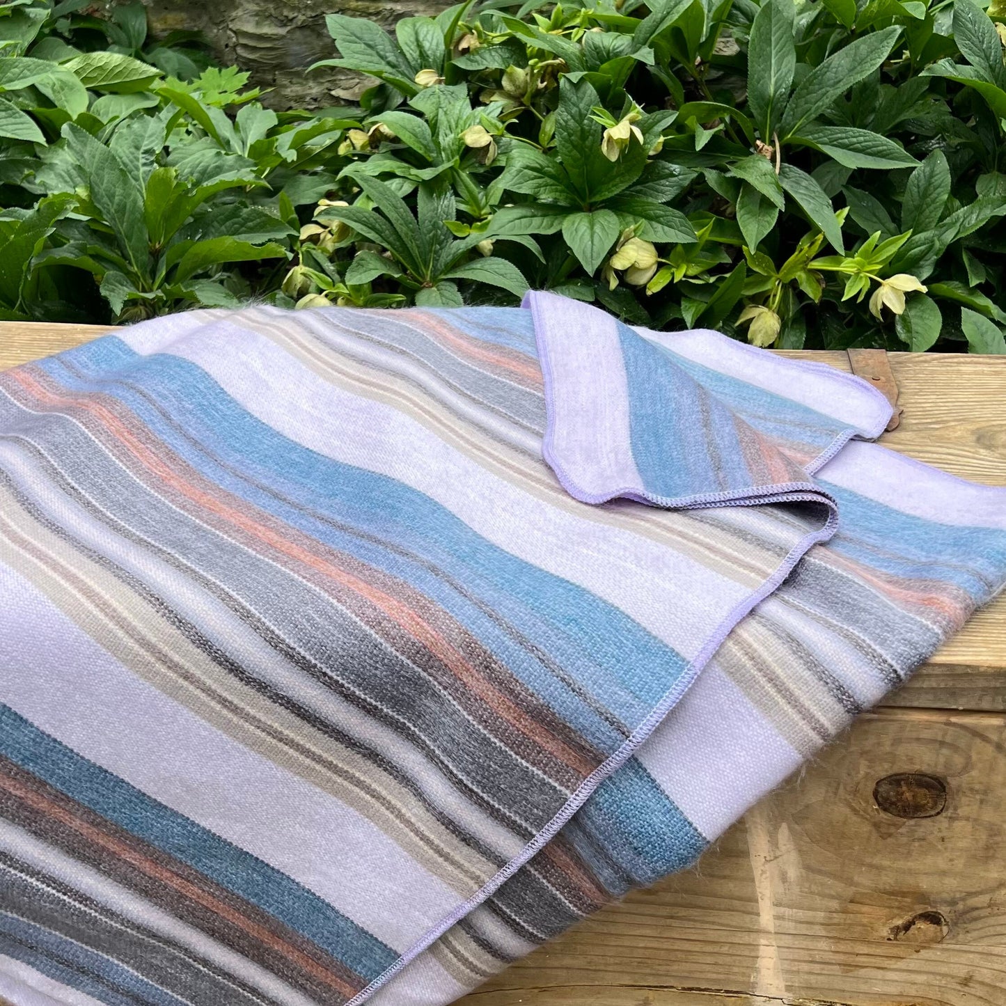 Alpaca Throw Blanket | Lilac with Multicolor Stripes | Luxury Wool Blanket | Home Decor | Light Purple and Blue Striped Blanket