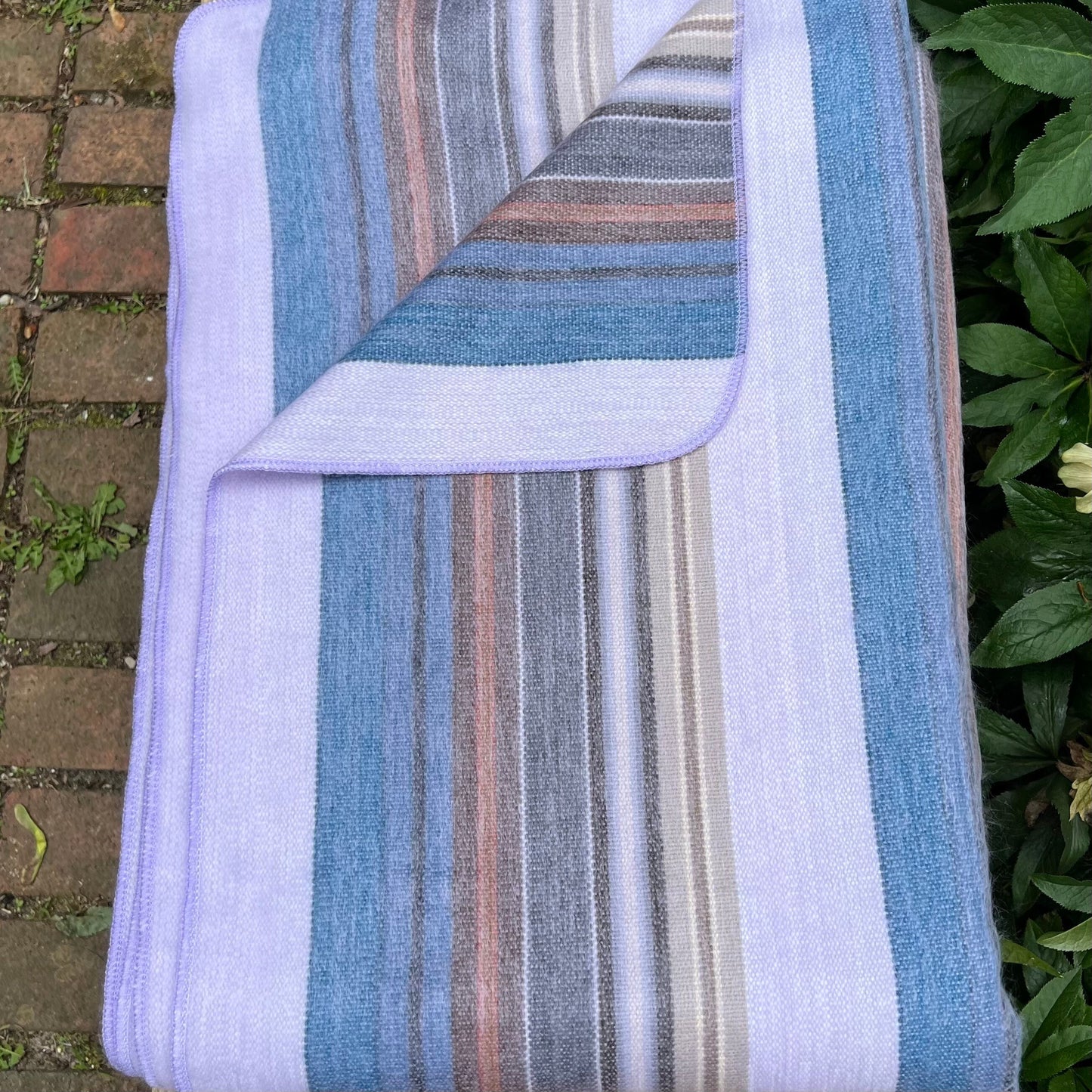 Alpaca Throw Blanket | Lilac with Multicolor Stripes | Luxury Wool Blanket | Home Decor | Light Purple and Blue Striped Blanket