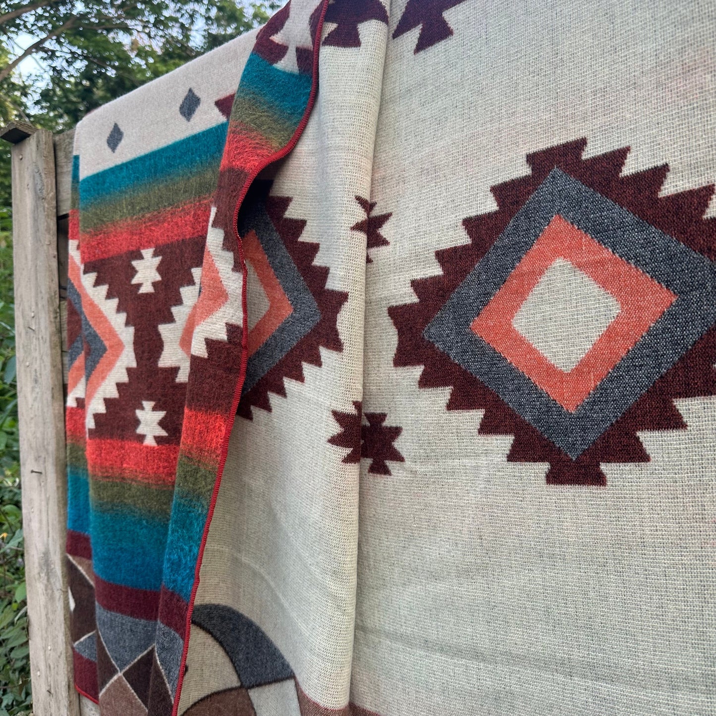 Alpaca Wool Blanket Queen size - multicolor Unique gift - Geometric patterns with burgundy, browns, oranges and sunset