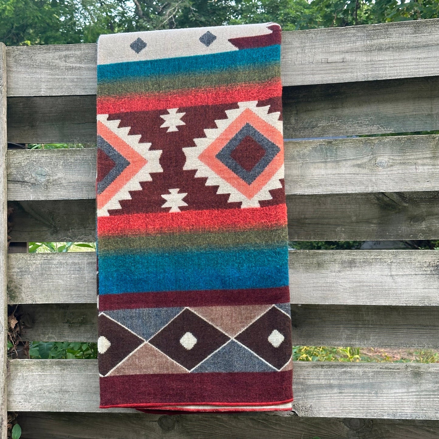 Alpaca Wool Blanket Queen size - multicolor Unique gift - Geometric patterns with burgundy, browns, oranges and sunset