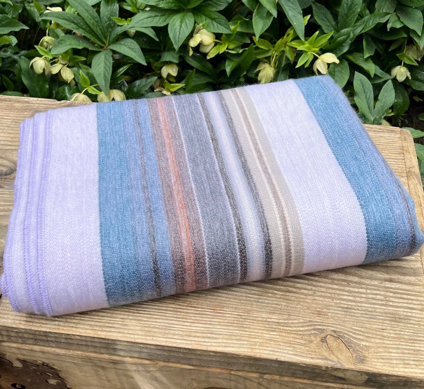 Alpaca Throw Blanket | Lilac with Multicolor Stripes | Luxury Wool Blanket | Home Decor | Light Purple and Blue Striped Blanket