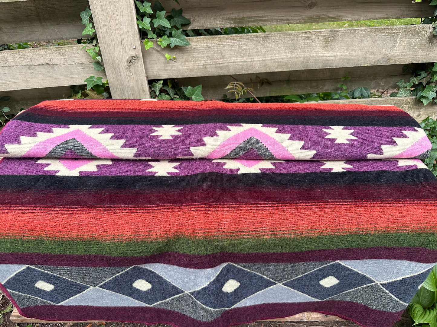 Alpaca Wool Blanket Queen size - multicolor Unique gift - Geometric patterns with purple, burgundy, greys,  orange and green