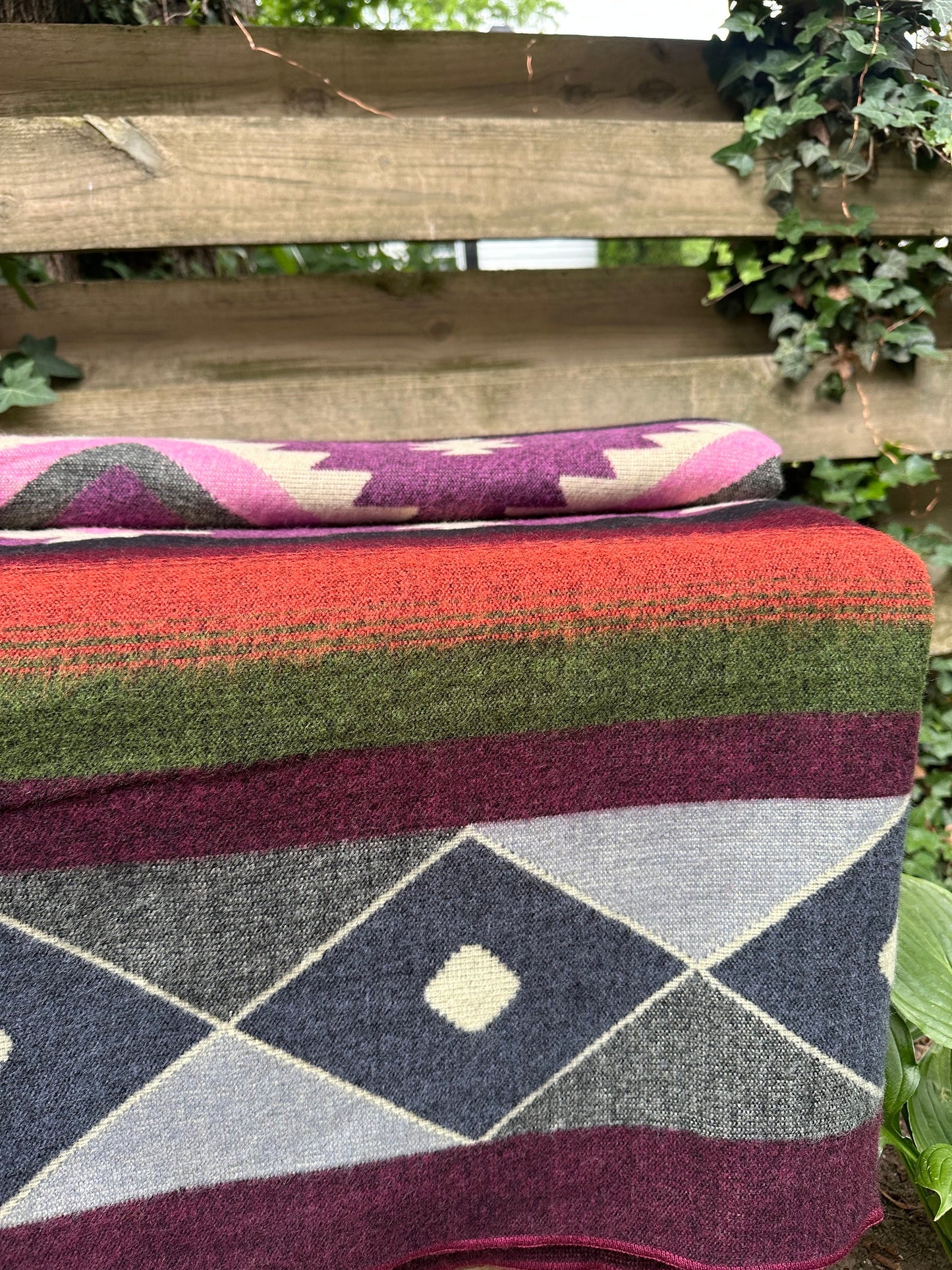 Alpaca Wool Blanket Queen size - multicolor Unique gift - Geometric patterns with purple, burgundy, greys,  orange and green