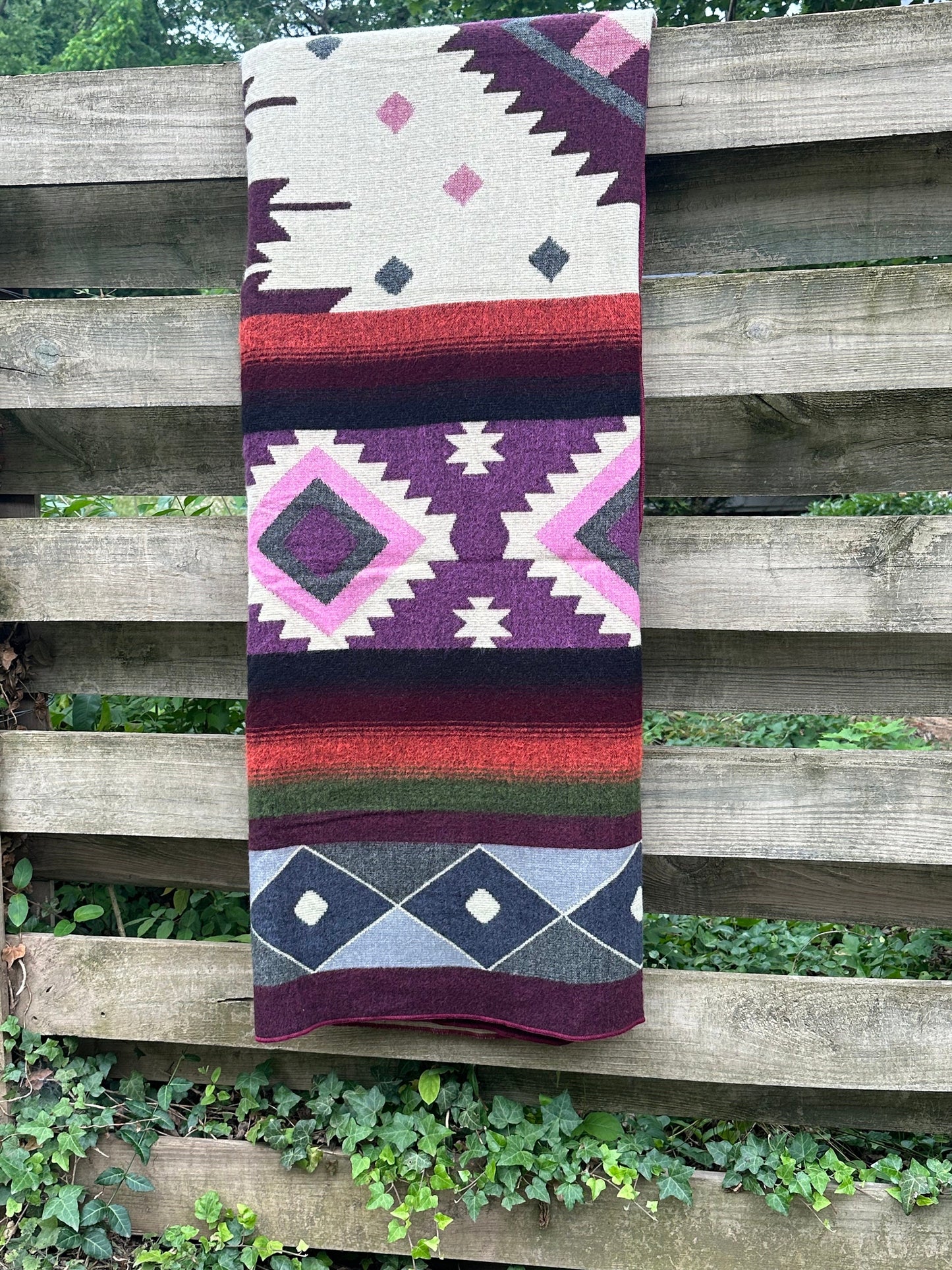 Alpaca Wool Blanket Queen size - multicolor Unique gift - Geometric patterns with purple, burgundy, greys,  orange and green