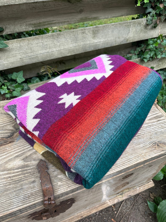 Alpaca Wool Blanket Queen size - multicolor Unique gift - Geometric patterns with purples and sunset colors