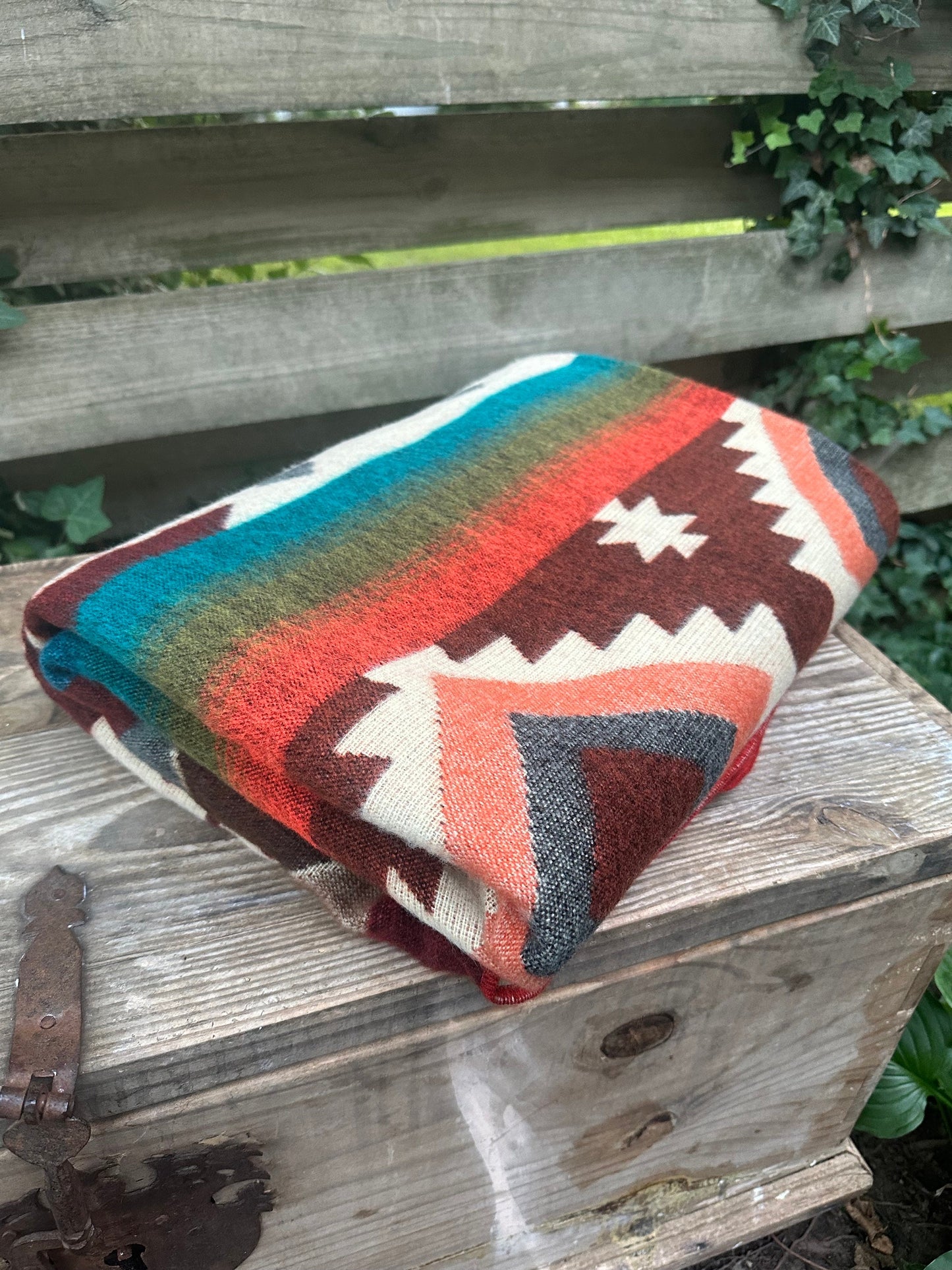 Alpaca Wool Blanket Queen size - multicolor Unique gift - Geometric patterns with burgundy, browns, oranges and sunset