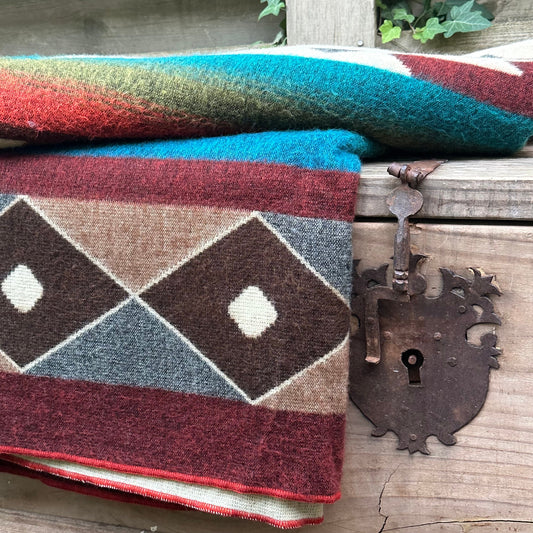 Alpaca Wool Blanket Queen size - multicolor Unique gift - Geometric patterns with burgundy, browns, oranges and sunset