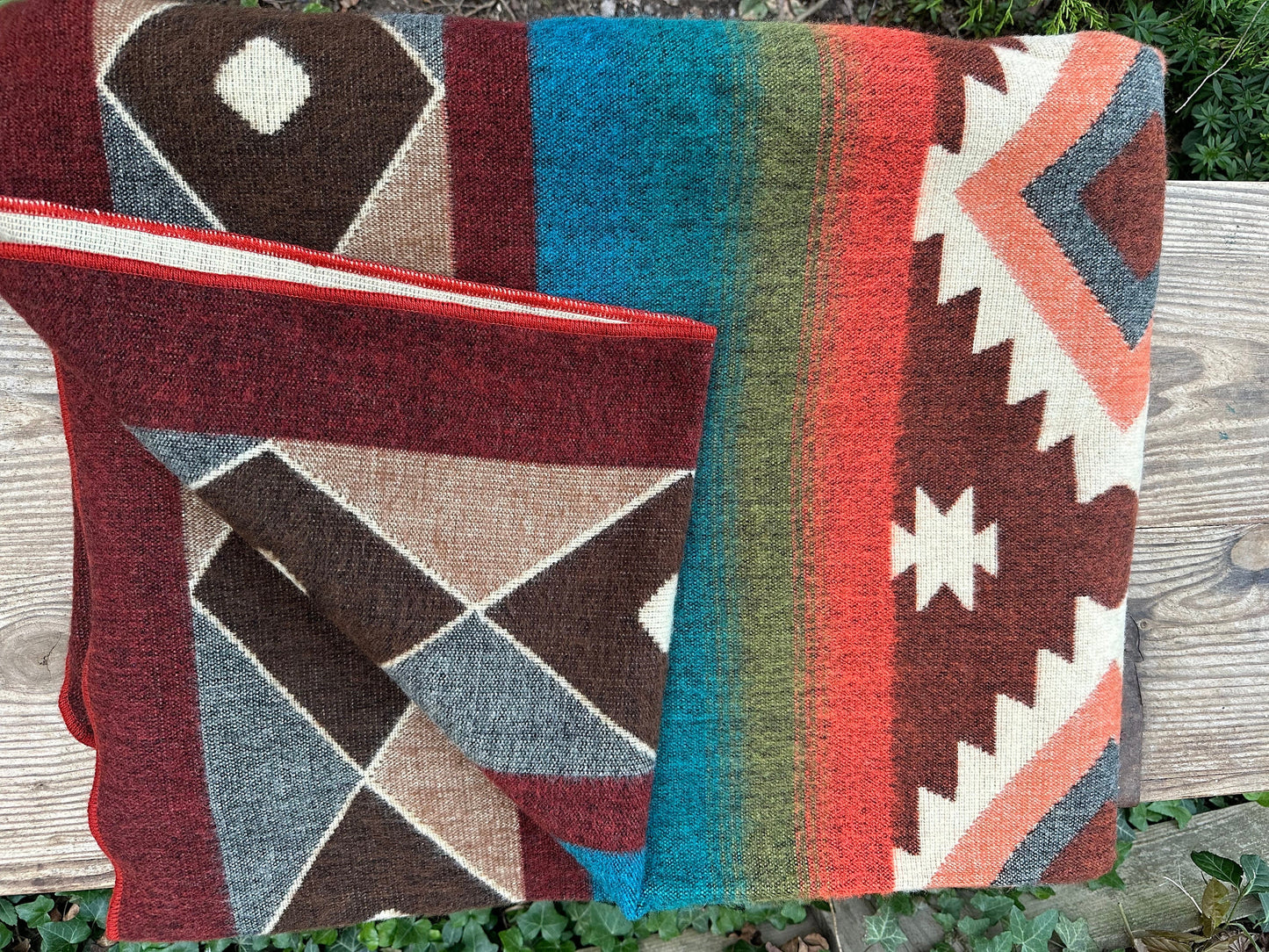 Alpaca Wool Blanket Queen size - multicolor Unique gift - Geometric patterns with burgundy, browns, oranges and sunset