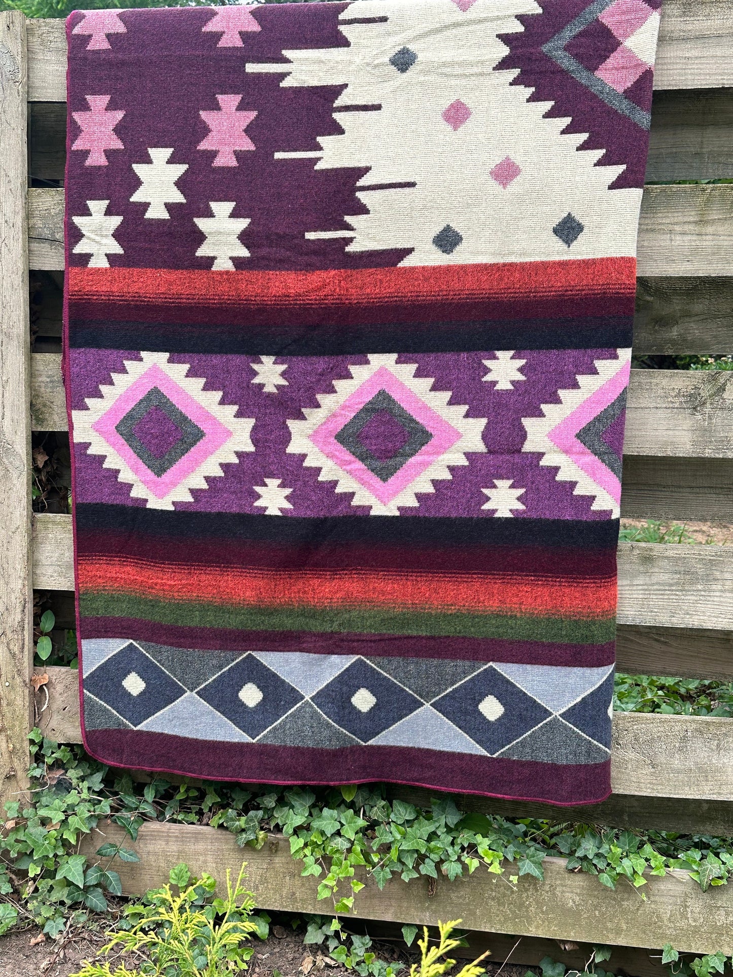 Alpaca Wool Blanket Queen size - multicolor Unique gift - Geometric patterns with purple, burgundy, greys,  orange and green