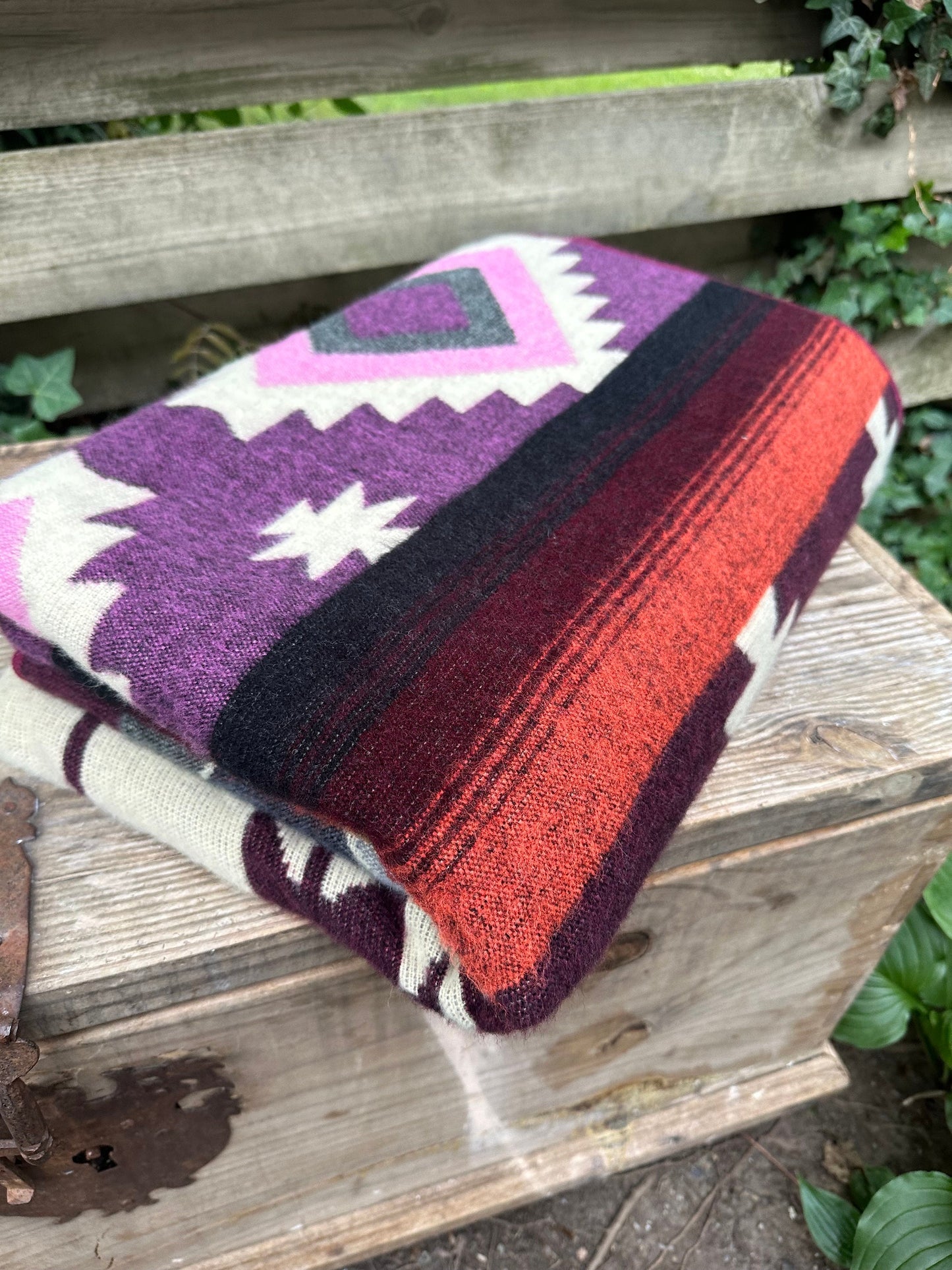 Alpaca Wool Blanket Queen size - multicolor Unique gift - Geometric patterns with purple, burgundy, greys,  orange and green